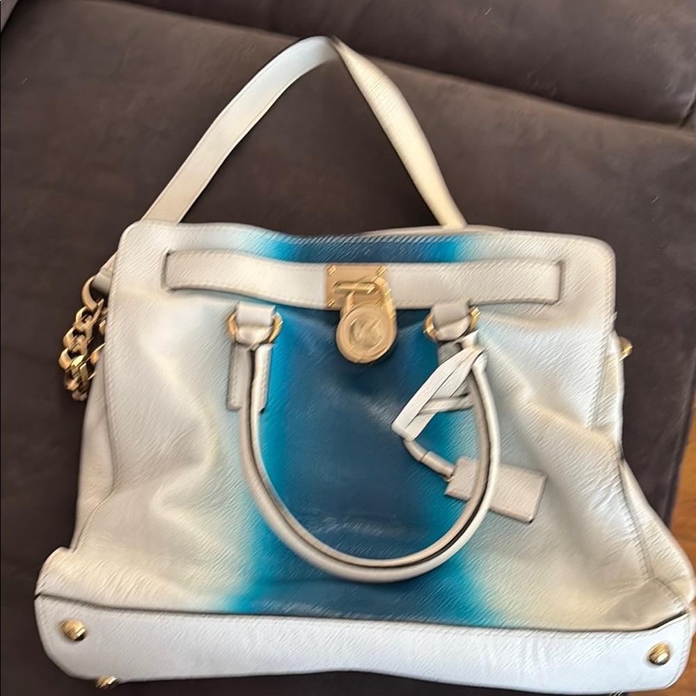 White and Blue Gradient Shoulder Bag with Gold Accents